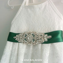 Load image into Gallery viewer, Florence lace girl dress with an emerald green color satin sash with a rhinestone applique belt