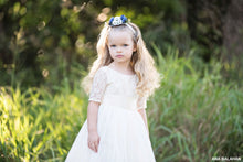 Load image into Gallery viewer, A pretty girl in Sofia flower girl dress by Ana Balahan in a park