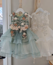 Load image into Gallery viewer, Sage dress with 3D flowers and embellishments
