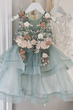 Load image into Gallery viewer, Sage dress with 3D flowers and embellishments
