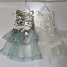 Load image into Gallery viewer, Sage dress with 3D flowers and embellishments
