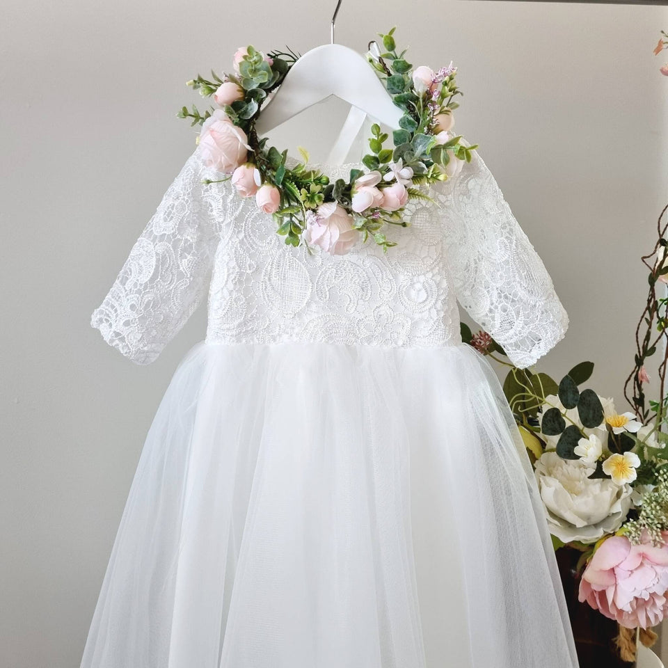 Romantic flower girl dress with lace top and long tulle skirt with flower wreath, Ana Balahan, Perth