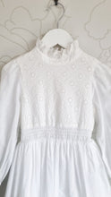 Load image into Gallery viewer, Ana Balahan Valentina Swiss cotton white church dress with broderie anglaise needlework embroidery closeup Melbourne

