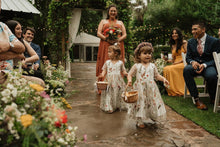 Load image into Gallery viewer, Garden wedding with two little girls in Flora flower girls embridered dreses 
