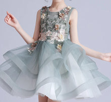 Load image into Gallery viewer, Sage dress with 3D flowers and embellishments
