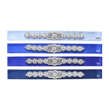 Load image into Gallery viewer, Wedding belt with beautiful rhinestone applique on blue satin ribbon

