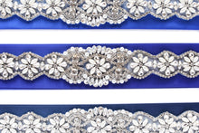 Load image into Gallery viewer, Bridal satin sash with rhinestone applique gems and crystals Ana Balahan

