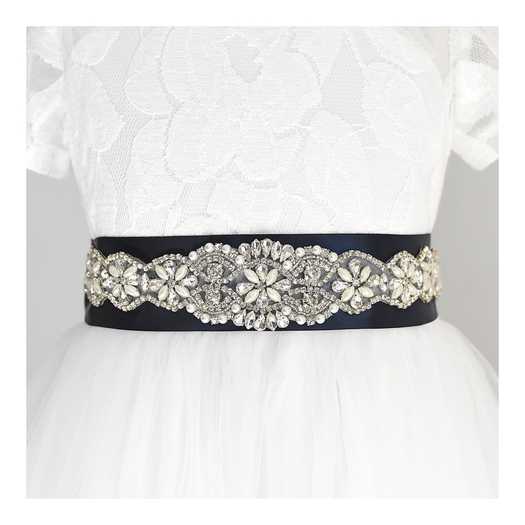 006 Bridal satin sash with rhinestone applique with off white dress Ana Balahan