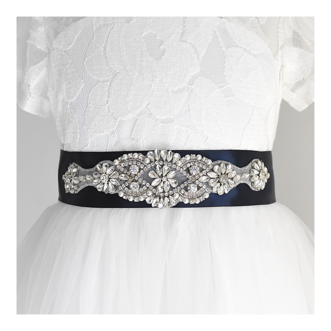 035 Bridesmaid satin sash with rhinestone applique beads gems with off white dress Ana Balahan 