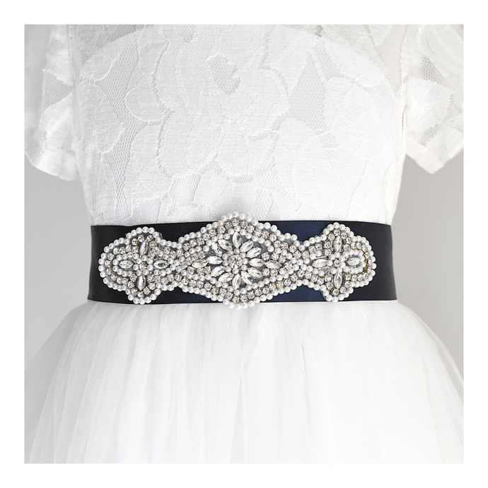 068 Wedding sash with beads gems rhinestone applique with off white dress Ana Balahan