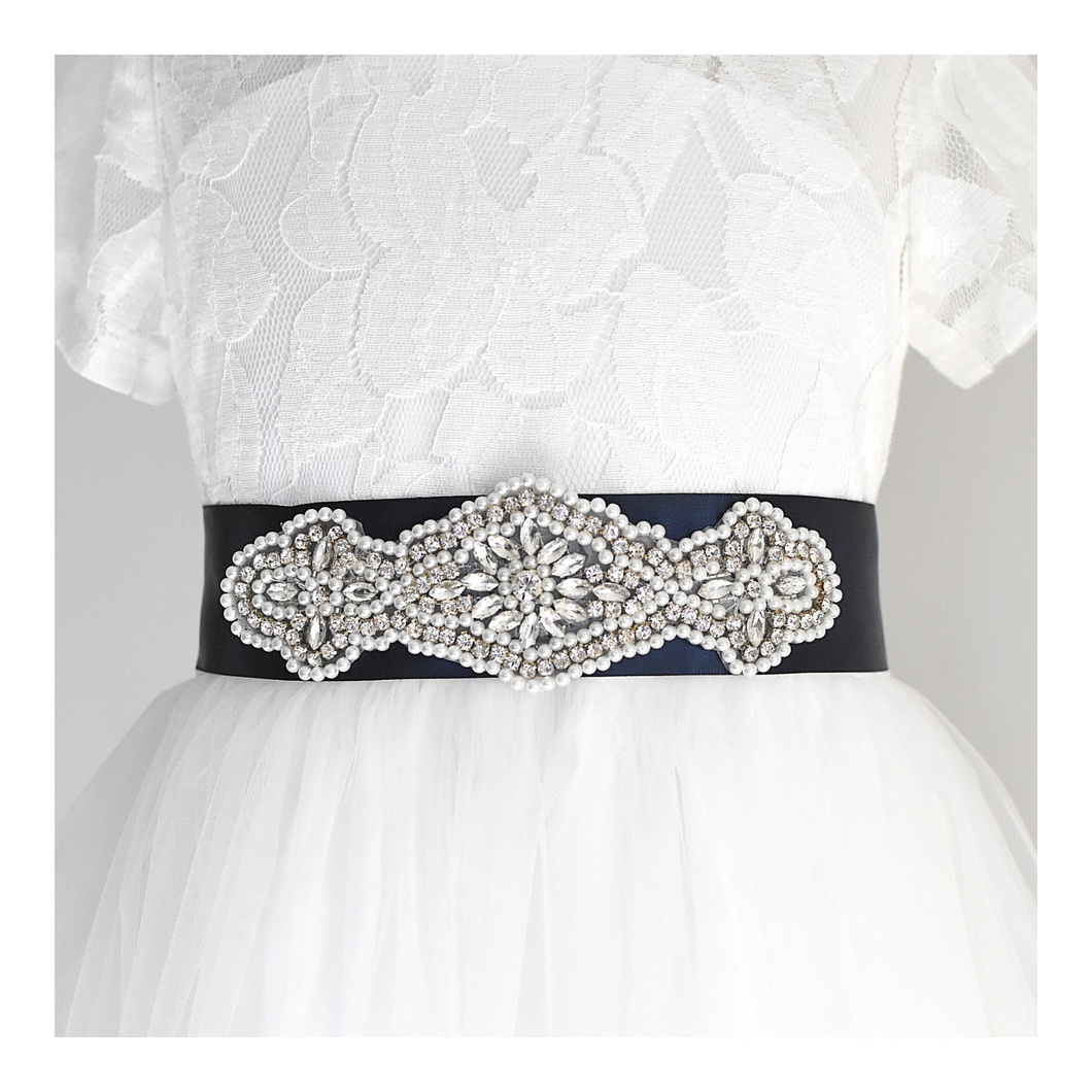068 Wedding sash with beads gems rhinestone applique with off white dress Ana Balahan