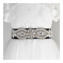 Load image into Gallery viewer, 073 Wedding sash with beads gems rhinestone applique with off white dress Ana Balahan
