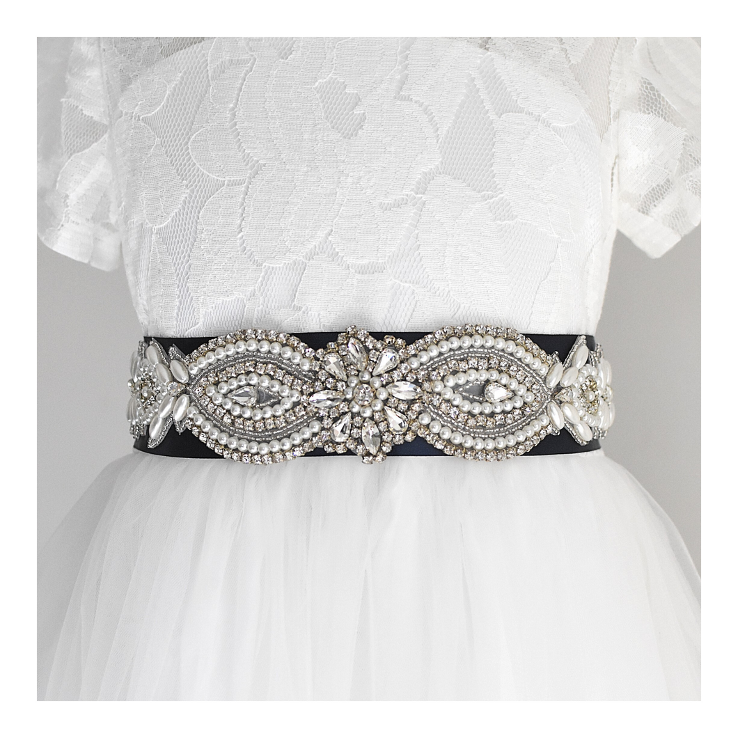 073 Wedding sash with beads gems rhinestone applique with off white dress Ana Balahan