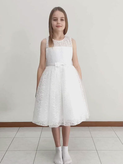 Video of Bella dress off-white tea length flower girl dress with big bow on the back