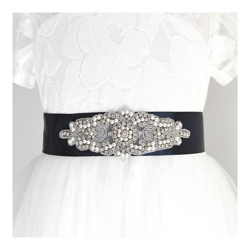104 Wedding sash with beads gems rhinestone applique with off white dress Ana Balahan