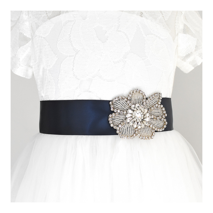 123-1 Flower girl satin belt with rhinestone applique beads gems with off white dress Ana Balahan