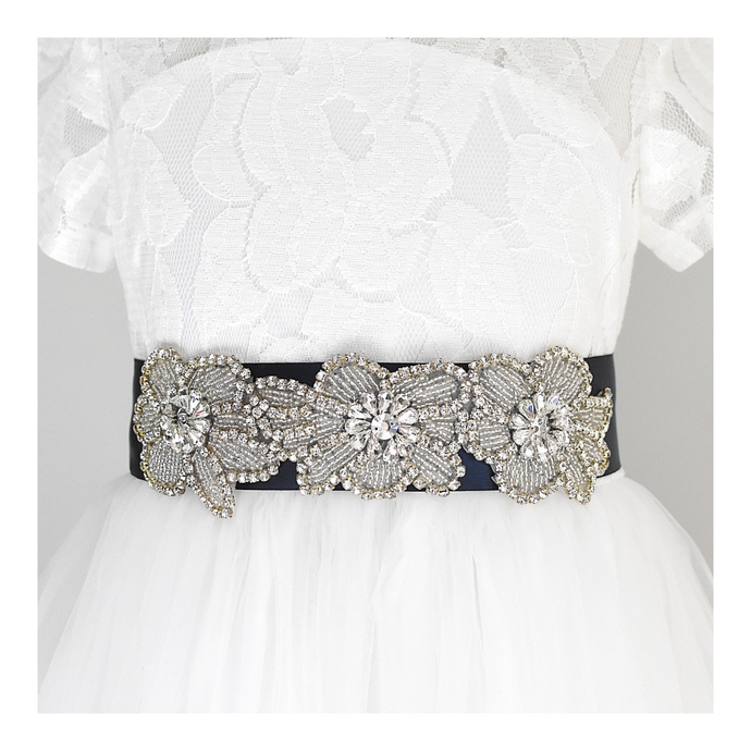 123-3 Christening satin sash with rhinestone applique beads gems with off white dress Ana Balahan