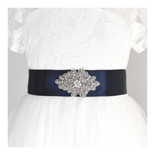 Load image into Gallery viewer, 138 Baptism satin belt with rhinestone applique beads gems with off white dress Ana Balahan
