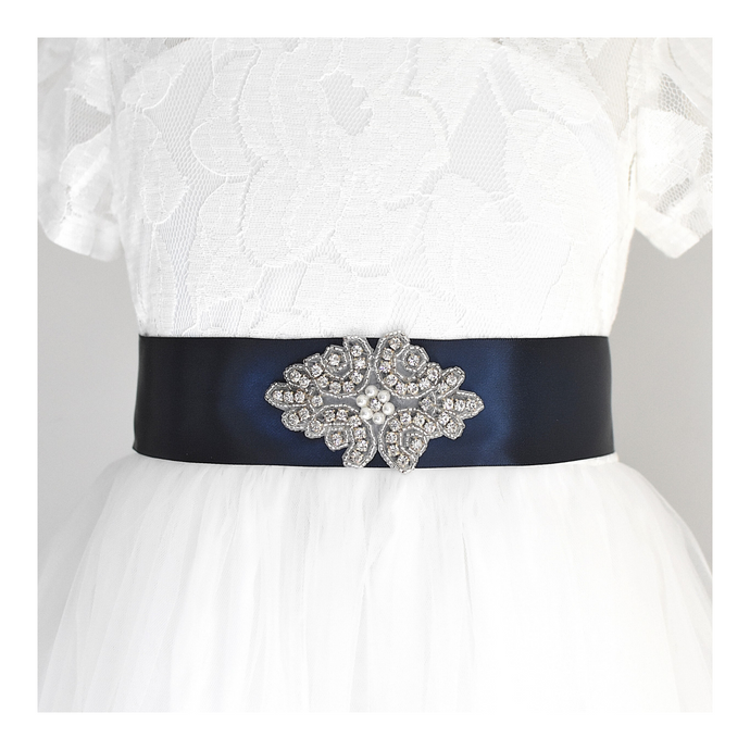 138 Baptism satin belt with rhinestone applique beads gems with off white dress Ana Balahan