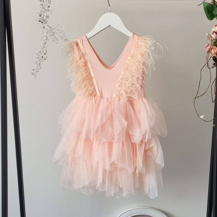 Comfortable apricot pink flower girl dress with feather decoration Perth