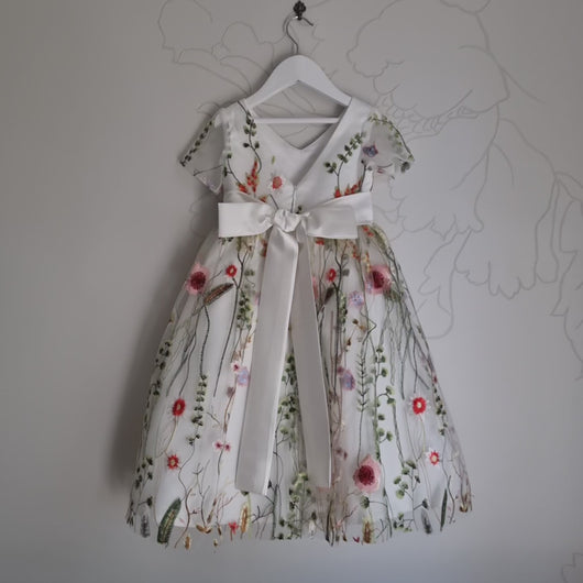 Video of Flora flower girl dress with embroidered floral tulle Melbourne