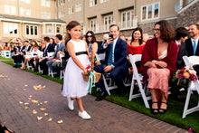 Load image into Gallery viewer, Flower girl walking down the aisle throwing petals in Adelina dress by Ana Balahan
