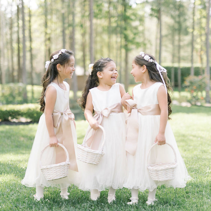 Adelina dress Ana Balahan Three laughing girls in light ivory tea length flower girl dress