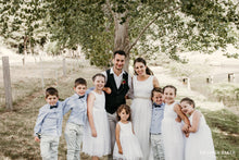 Load image into Gallery viewer, Adelina dress Ana Balahan wedding photo bride groom with flower girls and pageboys
