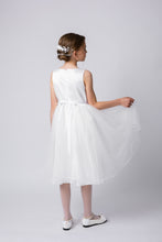 Load image into Gallery viewer, Ana Balahan Adelina light ivory medium length flower girl dress back view
