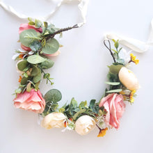 Load image into Gallery viewer, Ana Balahan Adjustable size Colourful flower crown for romantic wedding ingentle pink and yellow melon colours Sydney Australia
