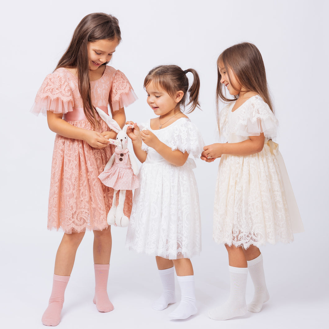 Ana Balahan Camila Light Ivory Champagne and Dusty Rose Color Dresses Three Girls in cute flower girl dresses Melbourne Australia