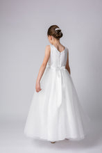 Load image into Gallery viewer, Ana Balahan Grace Full Length Satin and Tulle V neck Light Ivory Colour Dress Back View
