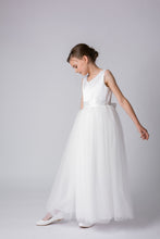Load image into Gallery viewer, Ana Balahan Grace Full Length Satin and Tulle V neck Light Ivory Colour Junior Dress
