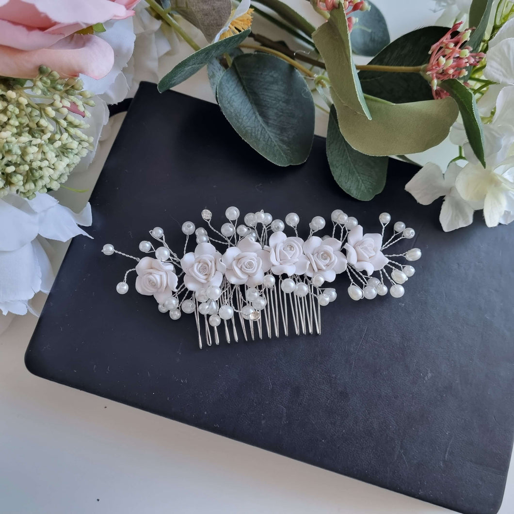 Ana Balahan Hair Comb decorated with white roses and beads for little flower girl or bridesmaid front view