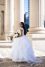 Load image into Gallery viewer, Ana Balahan Lourdes girl in gorgeous sky blue dress with hydrangea flowers Melborne Parliament house
