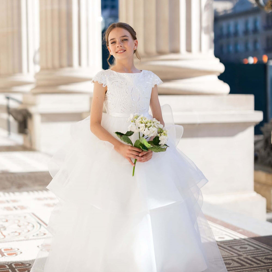 Ana Balahan Lourdes girl in stunning flower girl dress with short sleeves Hobart