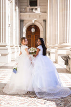 Load image into Gallery viewer, Ana Balahan Lourdes two girls wear festive full length dresses with multilayered skirt with train Brisbane
