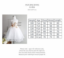 Load image into Gallery viewer, Ana-Balahan-Luisa-White-and-Gold-Flower-Girl-Dress-decorated-with-3D-flowers-Size-Chart
