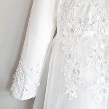 Load image into Gallery viewer, Ana Balahan Mary Long sleeves communion dress decorated with lace and beads close up Sydney Australia
