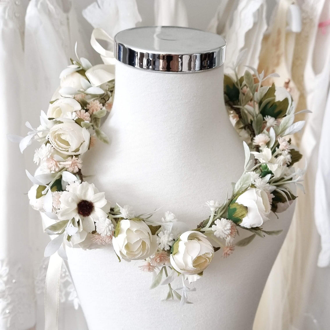 Ana Balahan Milky white and light blush colors wreath with sage color faded greenery