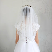 Load image into Gallery viewer, Ana Balahan Model wearing Short White wedding veil decorated with beads back view Brisbane Australia
