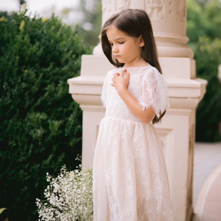 Ana Balahan Olivia little girl in beautiful long lace dress with flowers Australia