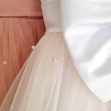 Load image into Gallery viewer, Ana Balahan Pearl beautiful dress for toddler with big bow and skirt decorated with pearls for special ocassion details Perth
