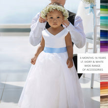 Load image into Gallery viewer, Pretty girl in white full length GRACE dress with V-neck wearing floral wreath
