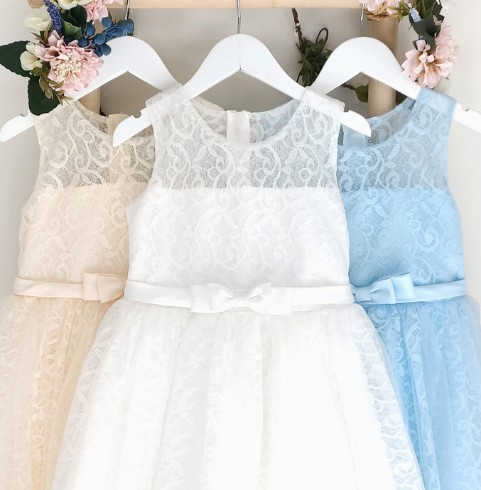 Bella white cream and blue lace girl dress front view