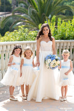 Load image into Gallery viewer, Bride with three flower girls in Adelina flower girl dresses with blue color sash Ana Balahan
