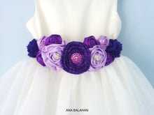 Load image into Gallery viewer, Purple color belt from Fantasy set on a dress 
