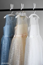Load image into Gallery viewer, Three high quality girl dresses in blue cream and white colors front view 
