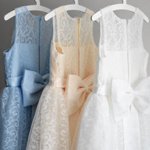 Load image into Gallery viewer, Three high quality girl dresses in blue cream and white colors with a big bow on the back
