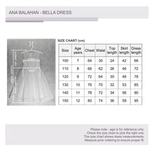 Load image into Gallery viewer, Junior bridesmaid Melbourne Bella flower girl dress size chart
